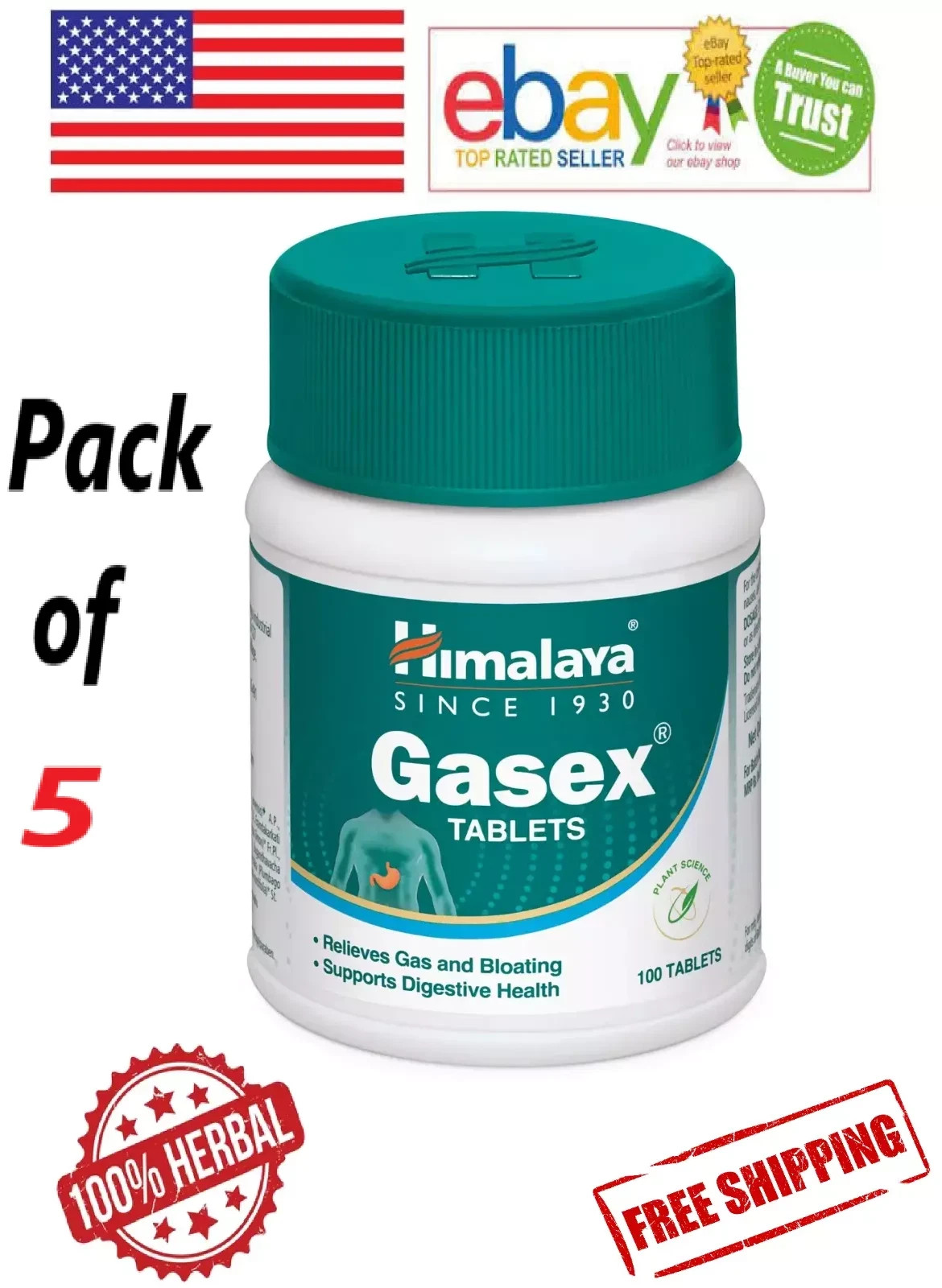 5 X Himalaya Gasex 100 Tablets Each FREE SHIPPING