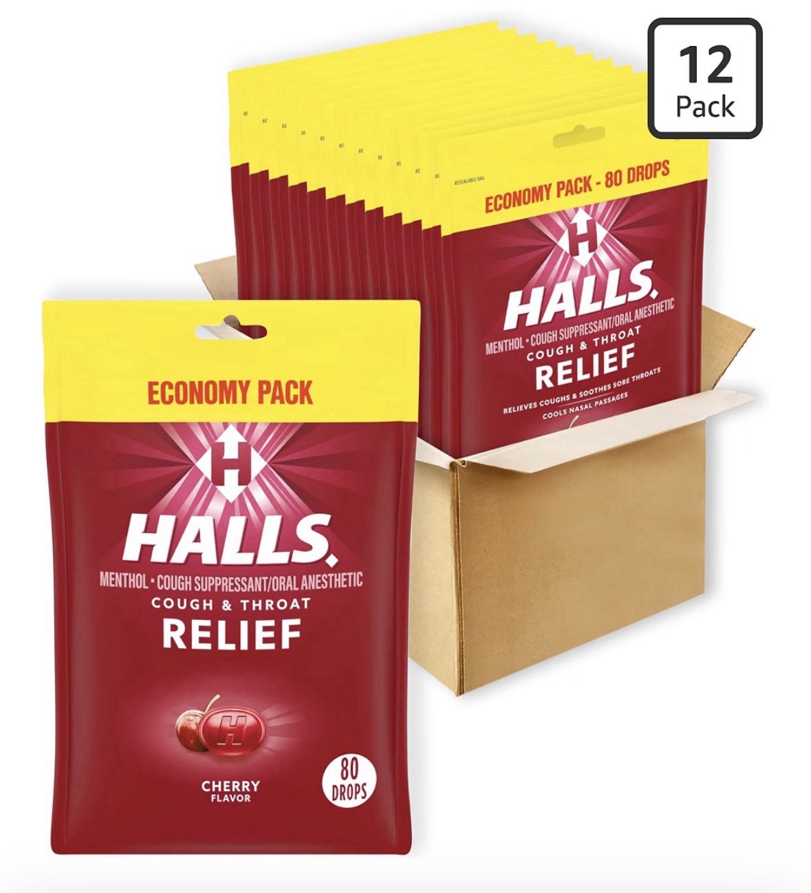 HALLS Relief Cherry Cough Drops, Economy Pack, 12 Packs of 80 Drops (960 Total