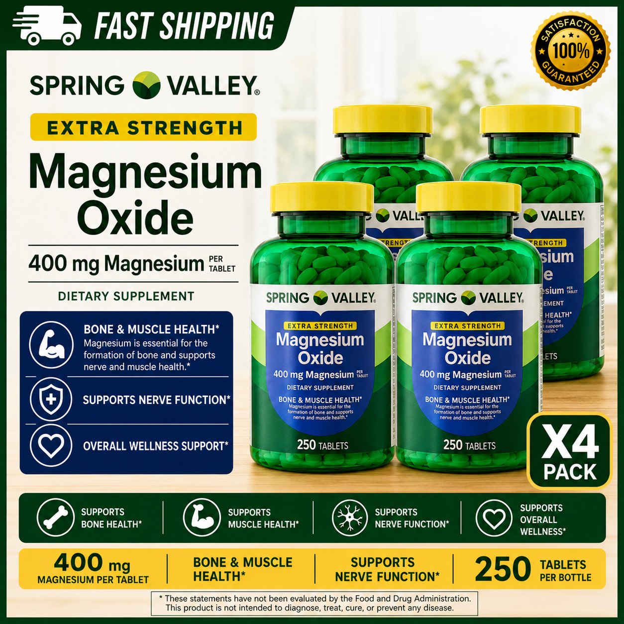 4 Pack Spring Valley Magnesium Oxide Supplement Tablet for Bone 400mg 250CT