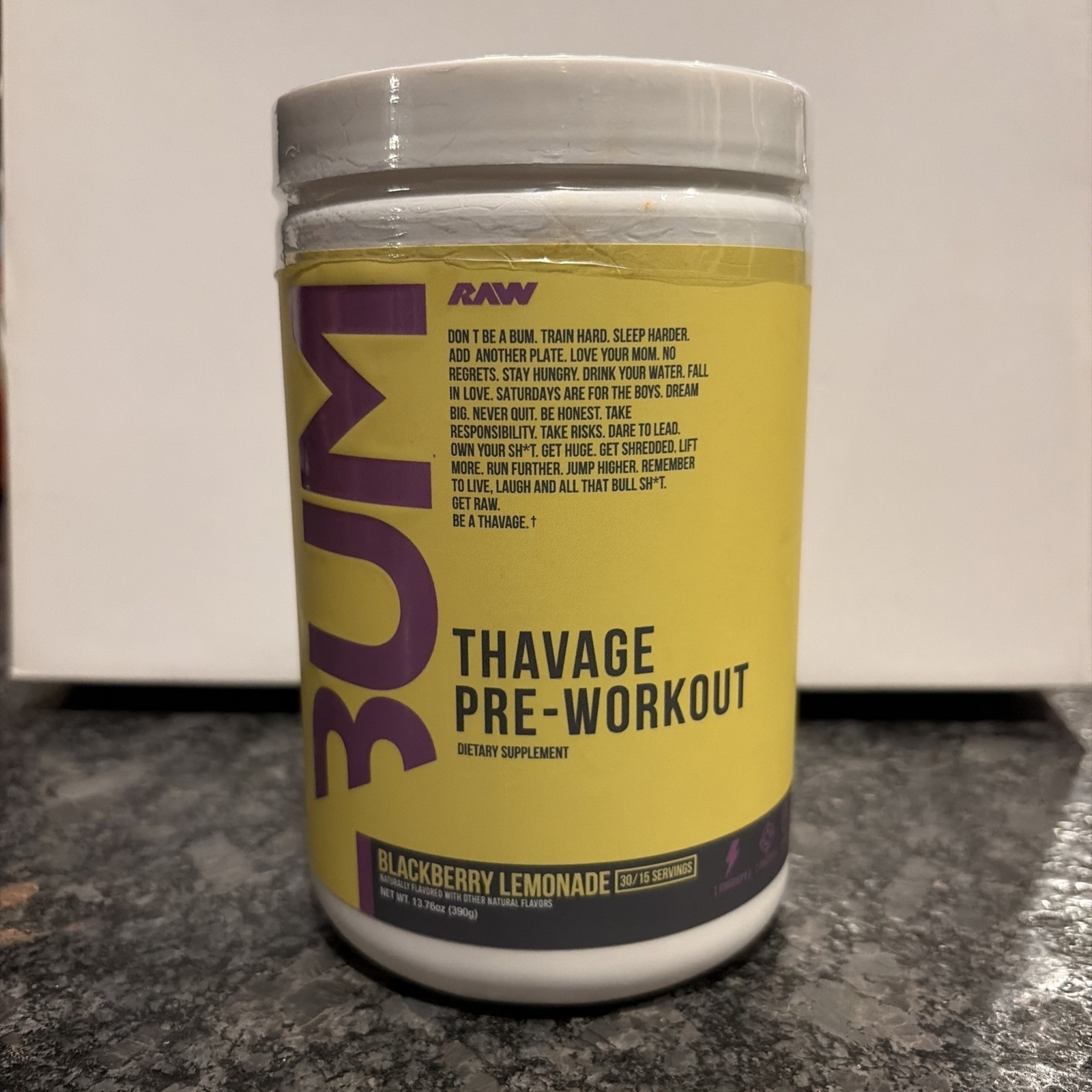 BUM Thavage RAW Pre-Workout Blackberry Lemonade flavor 13.76 Oz.