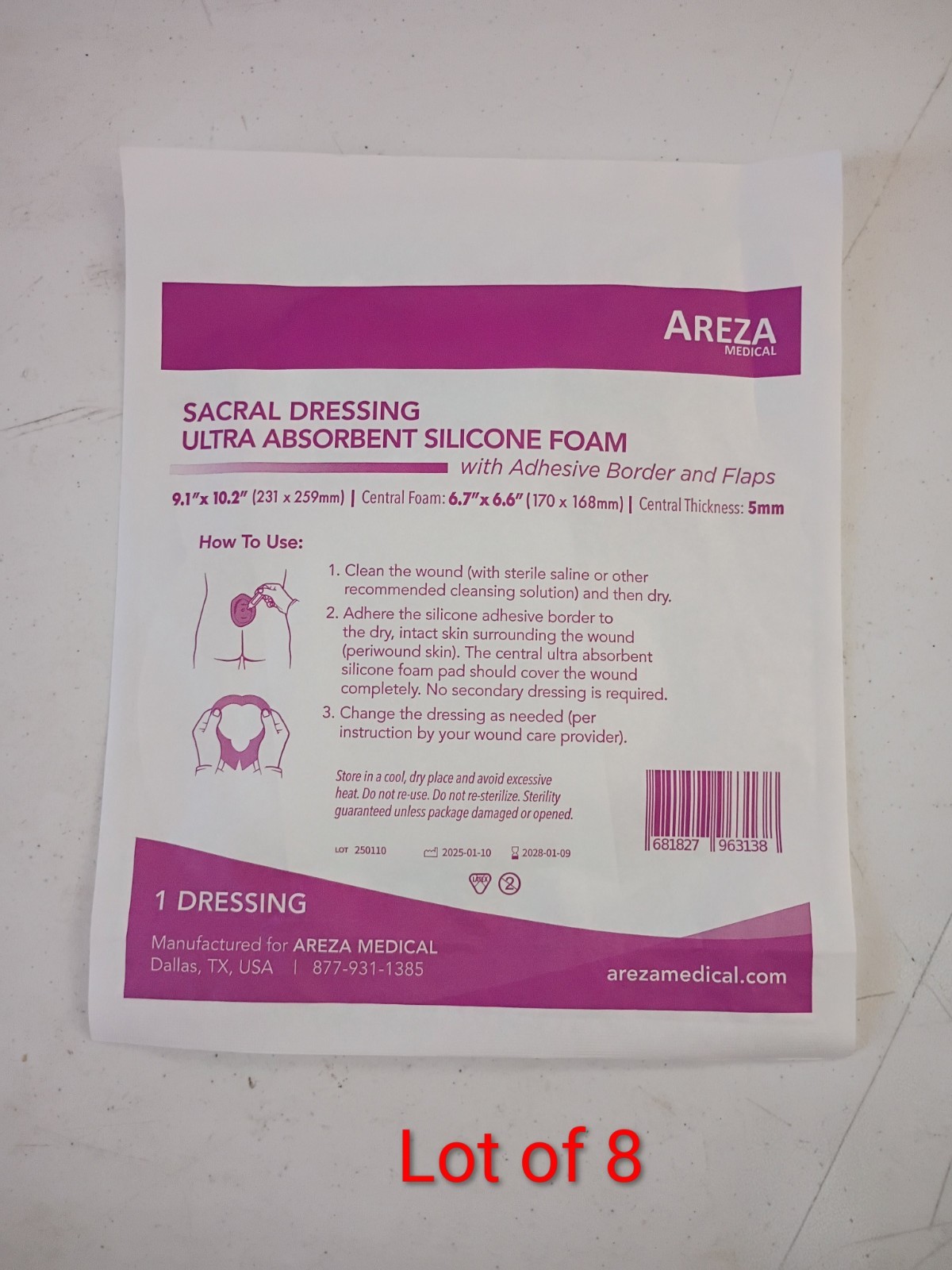 Sacral Ultra-Absorbent Silicone Foam Border with Flaps 9.1×10.2inch – Lot of 8