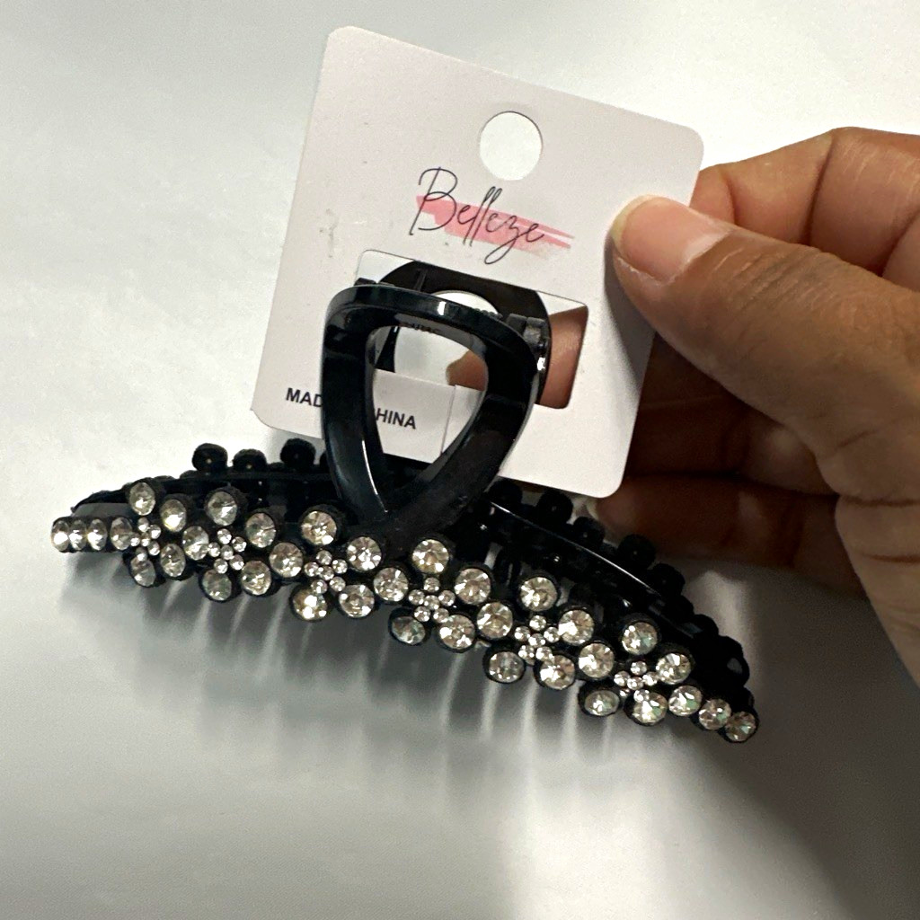 Belleza Black Floral Rhinestone Claw Clip w/ Teeth 4.5in Plastic