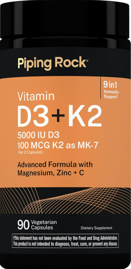 Vitamin D3 K2 5000 IU 90 Capsules MK7 Magnesium Zinc Vitamin C Non GMO Vegetaria