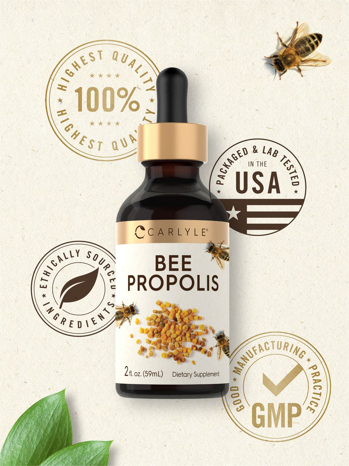 Bee Propolis Liquid Drops | 2 Fl Oz Tincture | Non-GMO, Gluten Free | by Carlyle