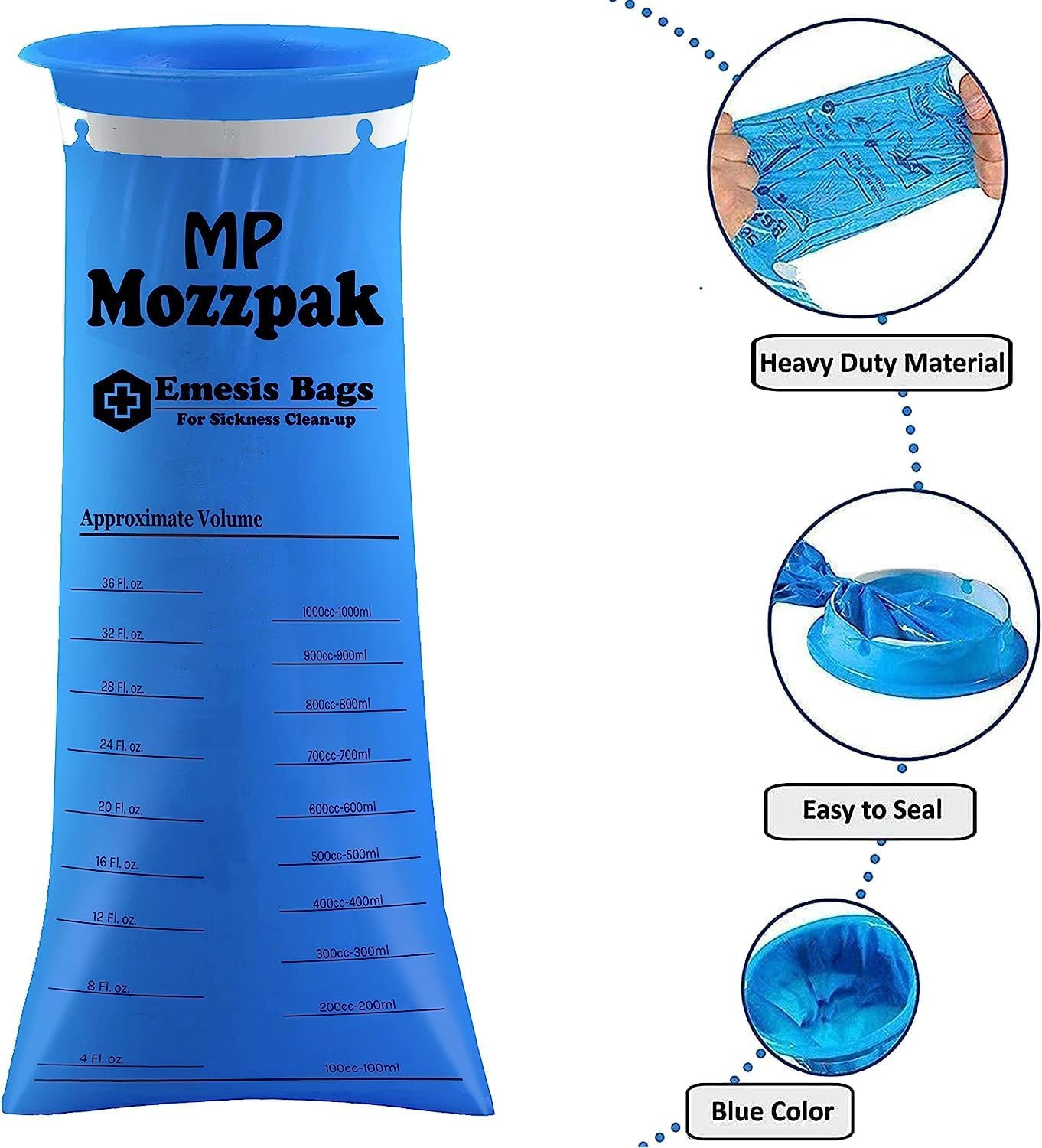 MP MOZZPAK Vomit Bags Disposable 24 Pack – 1000Ml Emesis Bags, Leak-Proof Barf