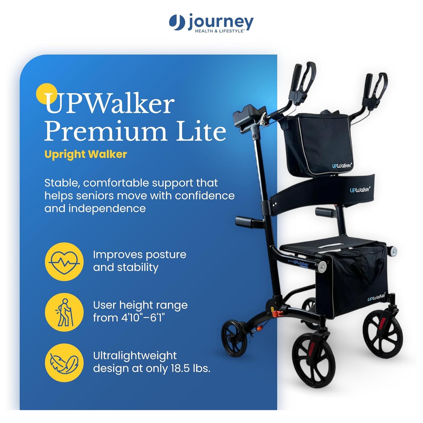 LifeWalker UPWalker EZ Lite Lightweight Upright Rollator Walker for Seniors