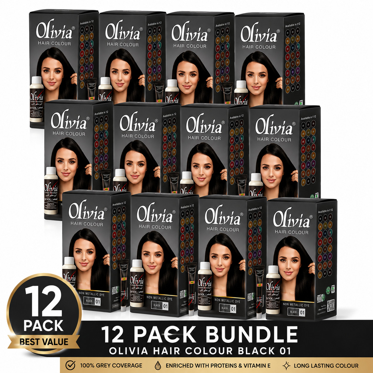 Pack of 12 Olivia Hair Colour Black 01 Permanent Crème Hair Dye