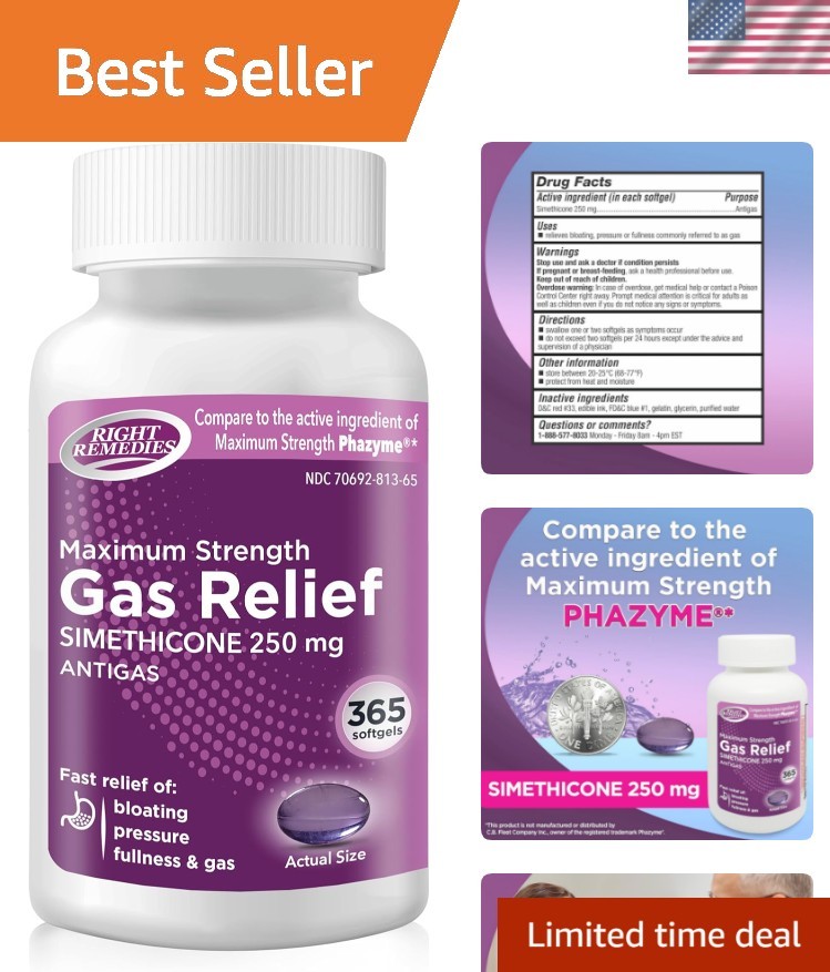 Gas Relief Maximum Strength, Simethicone 250 mg, 365 Softgels, Fast Relief fr…