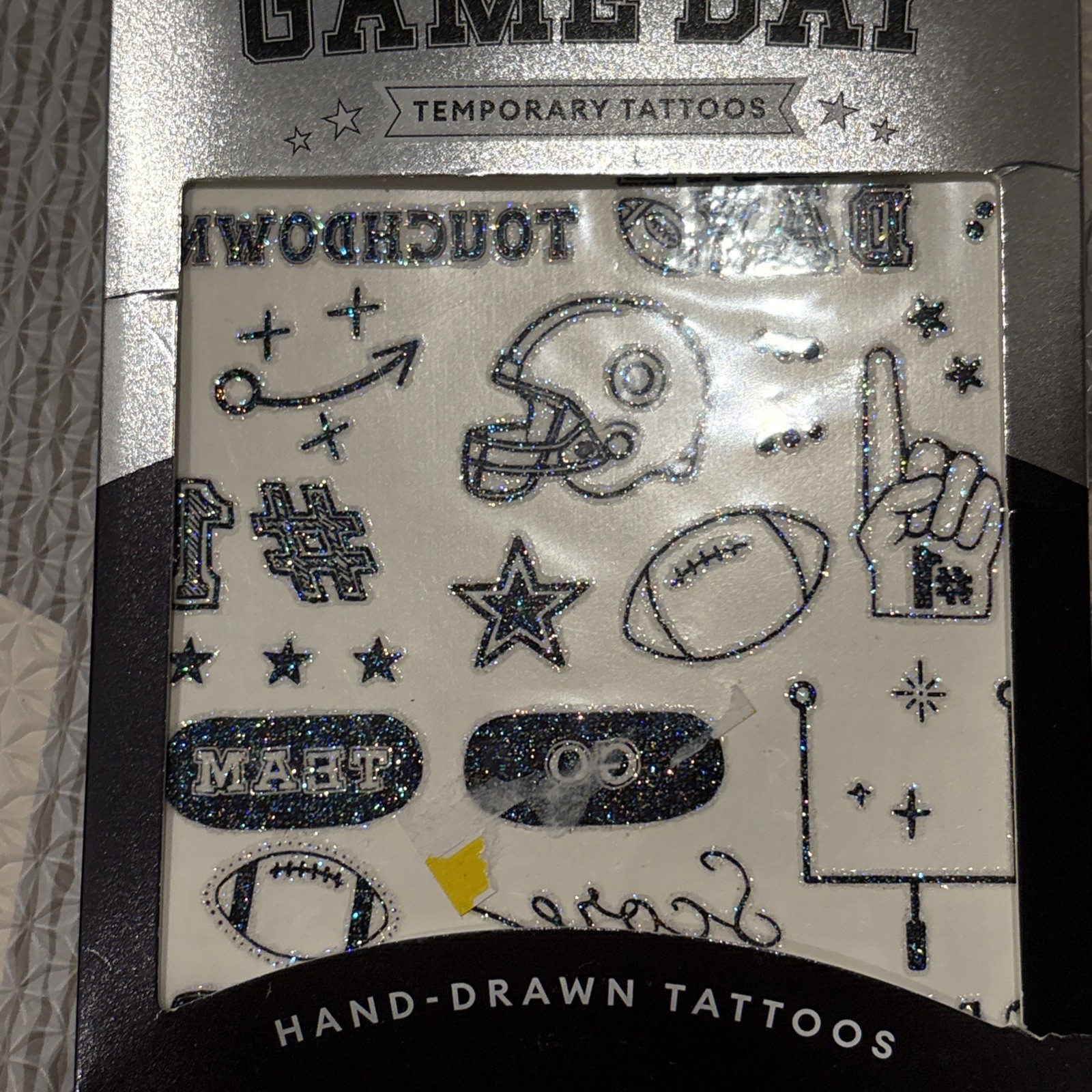 Game Day Temporary Hand-Drawn Tattoos Glittery Designs of Football Graphics NEW