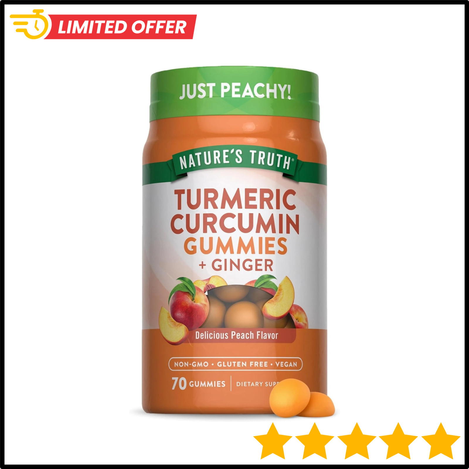 Turmeric and Ginger Gummies | 70 Count | Peach Flavor | Vegan, Non-Gmo, & Gluten