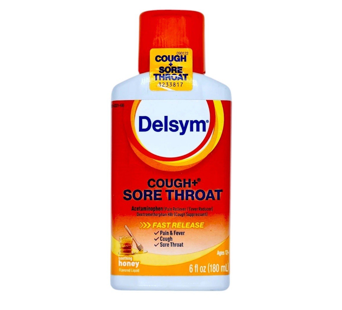 Delsym Cough + Sore Throat Pain & Fever Liquid Honey Flavor 6fl oz Exp 11/26
