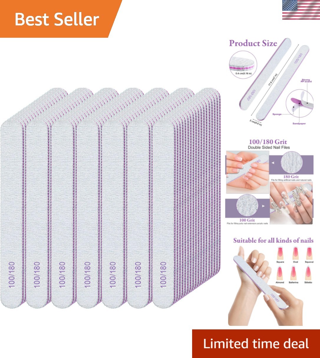 Durable 200 Pcs Emery Boards 100/180 Grit Nail Files for Acrylic & Natural Nails