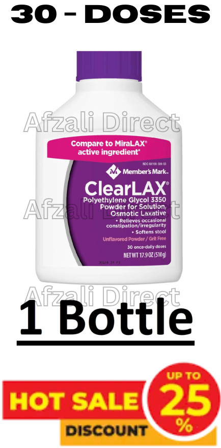 1 Bottle – Member’s Mark ClearLAX Polyethylene Glycol 3350 Powder 17.9 oz NEW
