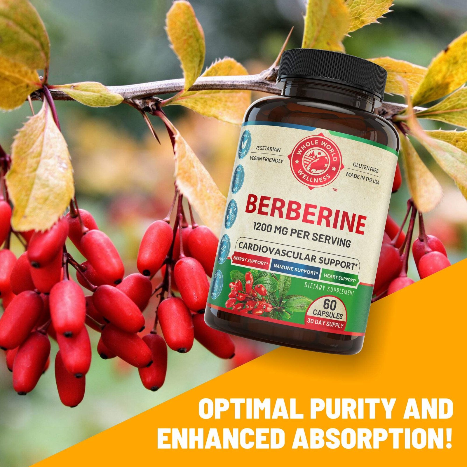 1200mg Berberine Herbal Supplement 30 Day Supply. USA Made.