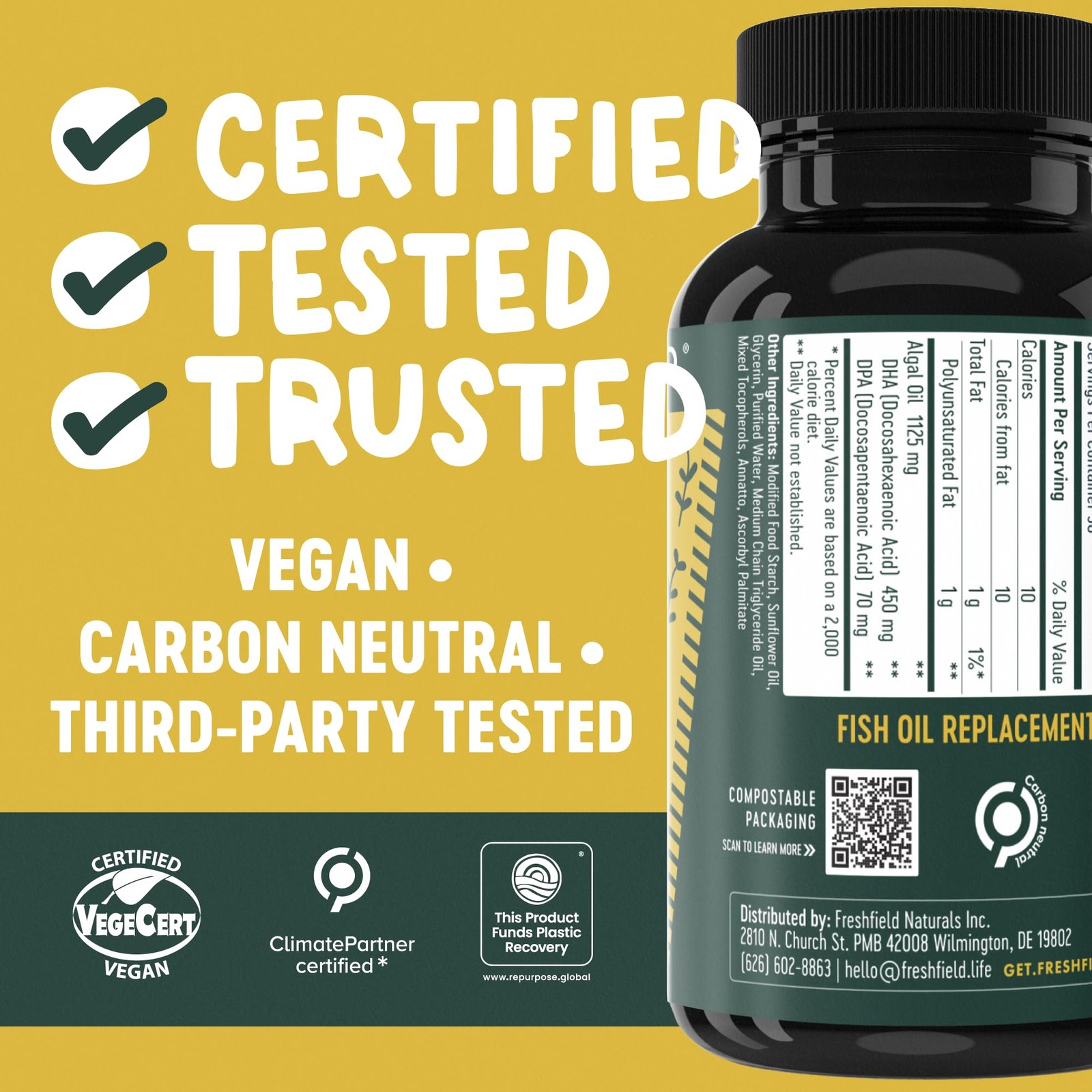 Freshfield Vegan Omega 3, Algae Algal Oil, Fish Oil Free Company, Third Party…