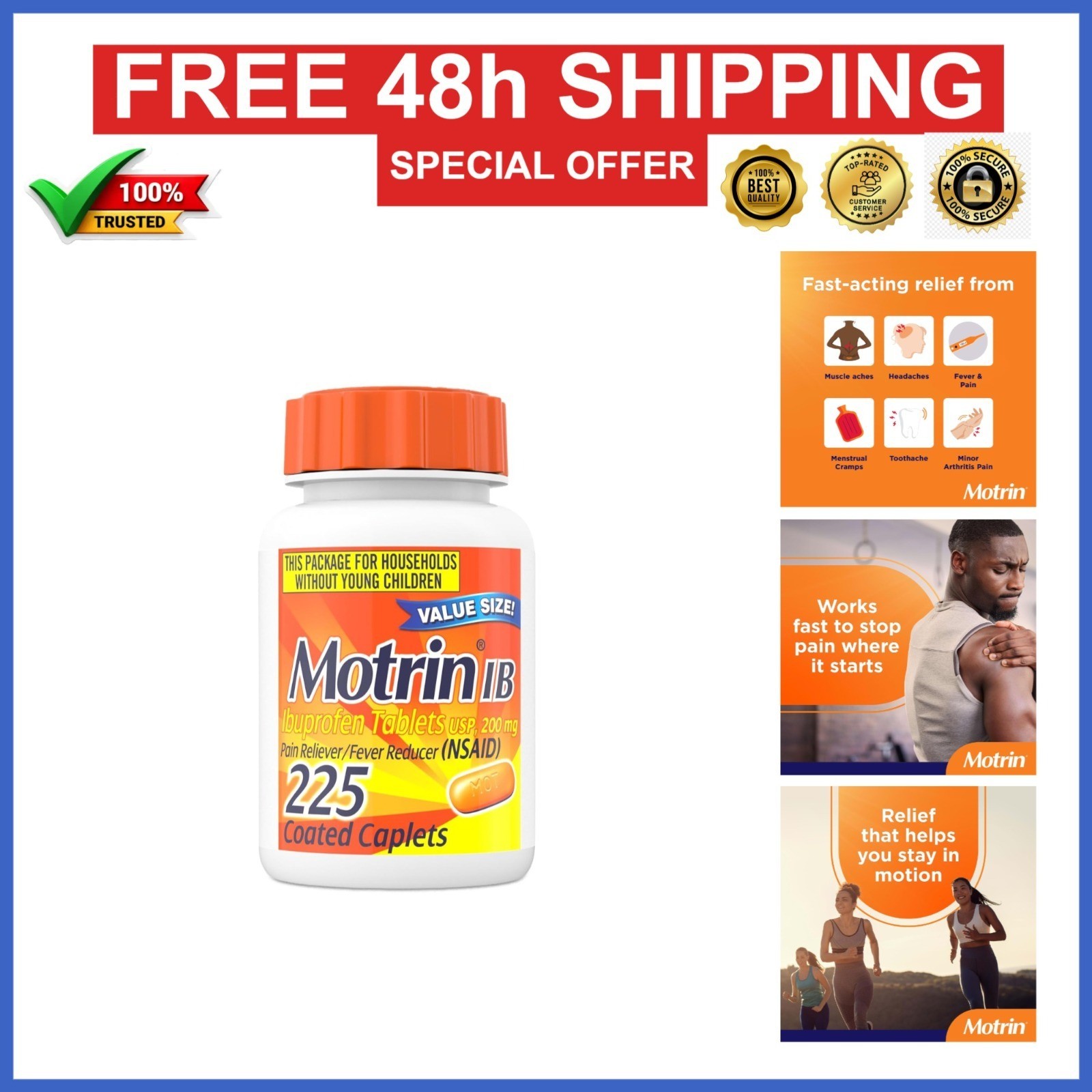 Motrin IB Ibuprofen Tablets 200mg Pain Reliever Fever Reducer 225 Count