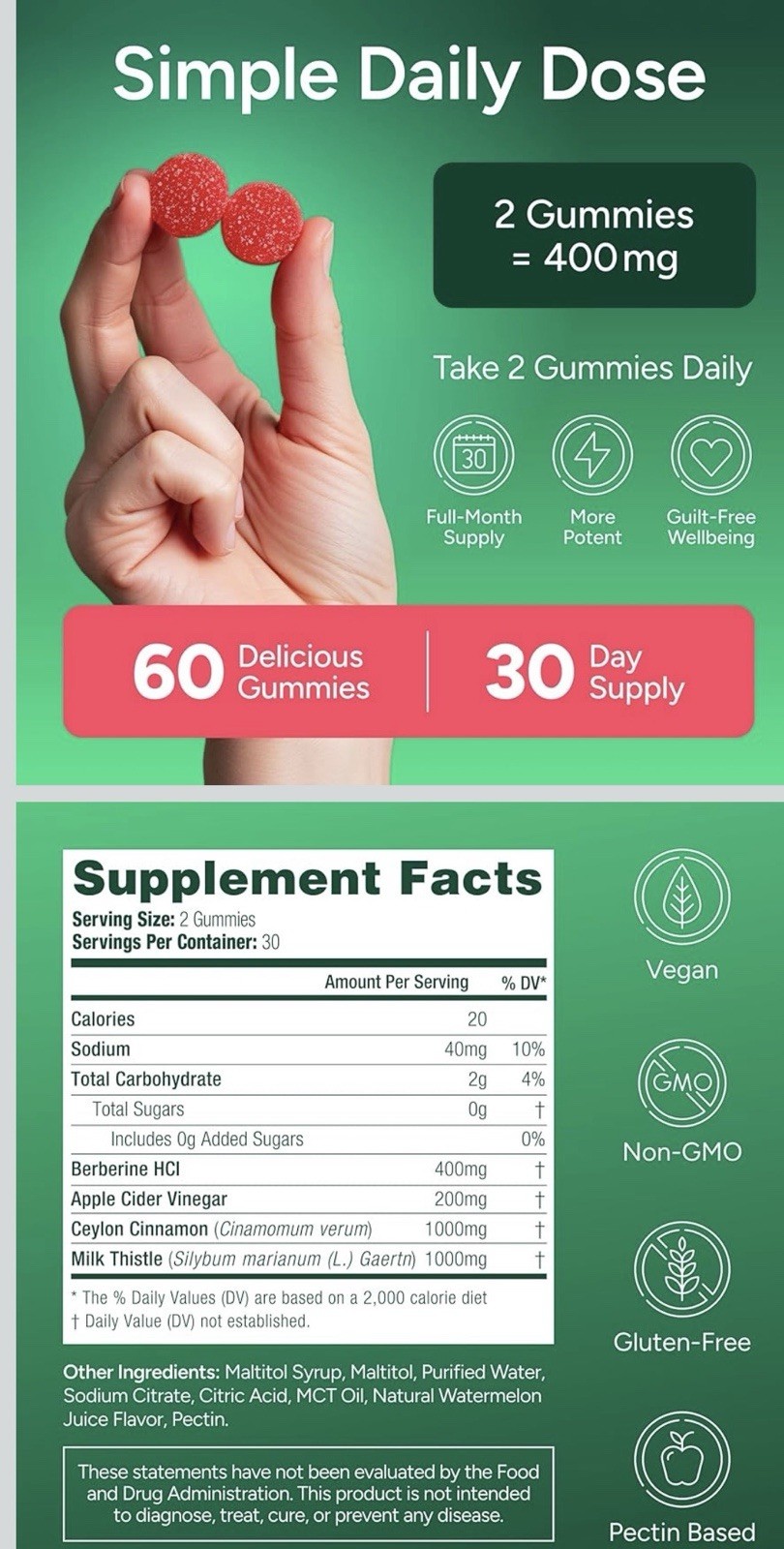 Purify Life Berberine Gummies 60ct Sugar-Free Vegan Watermelon Flavor