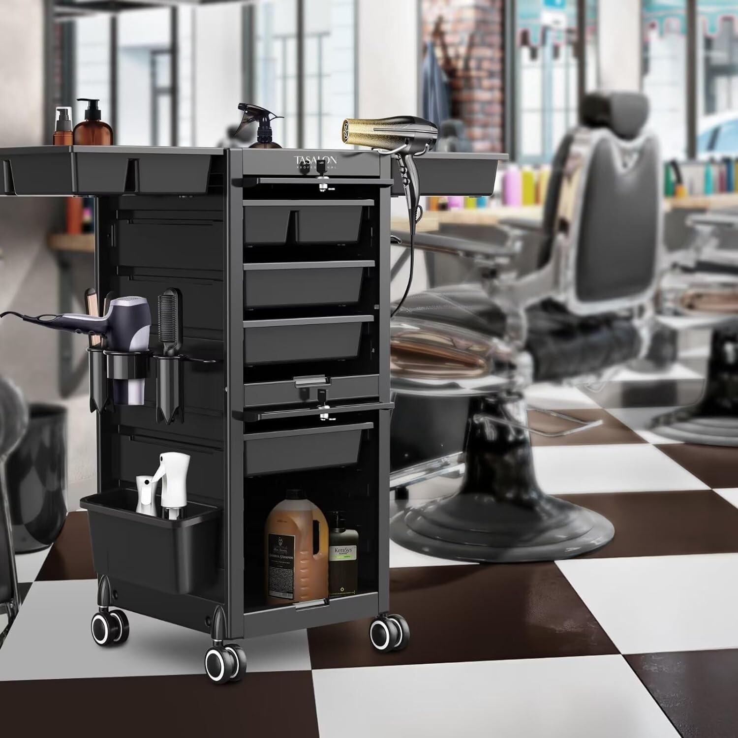 TASALON Beauty Salon Cart Salon Trolley Cart with 6 Drawers and Holders Black