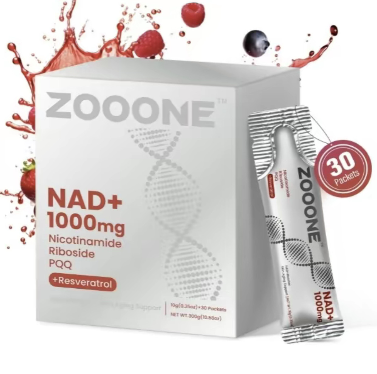 1000mg NAD+ Supplement Drink Mix, Natural Berry Flavor, 30 Count | Promotes Skin