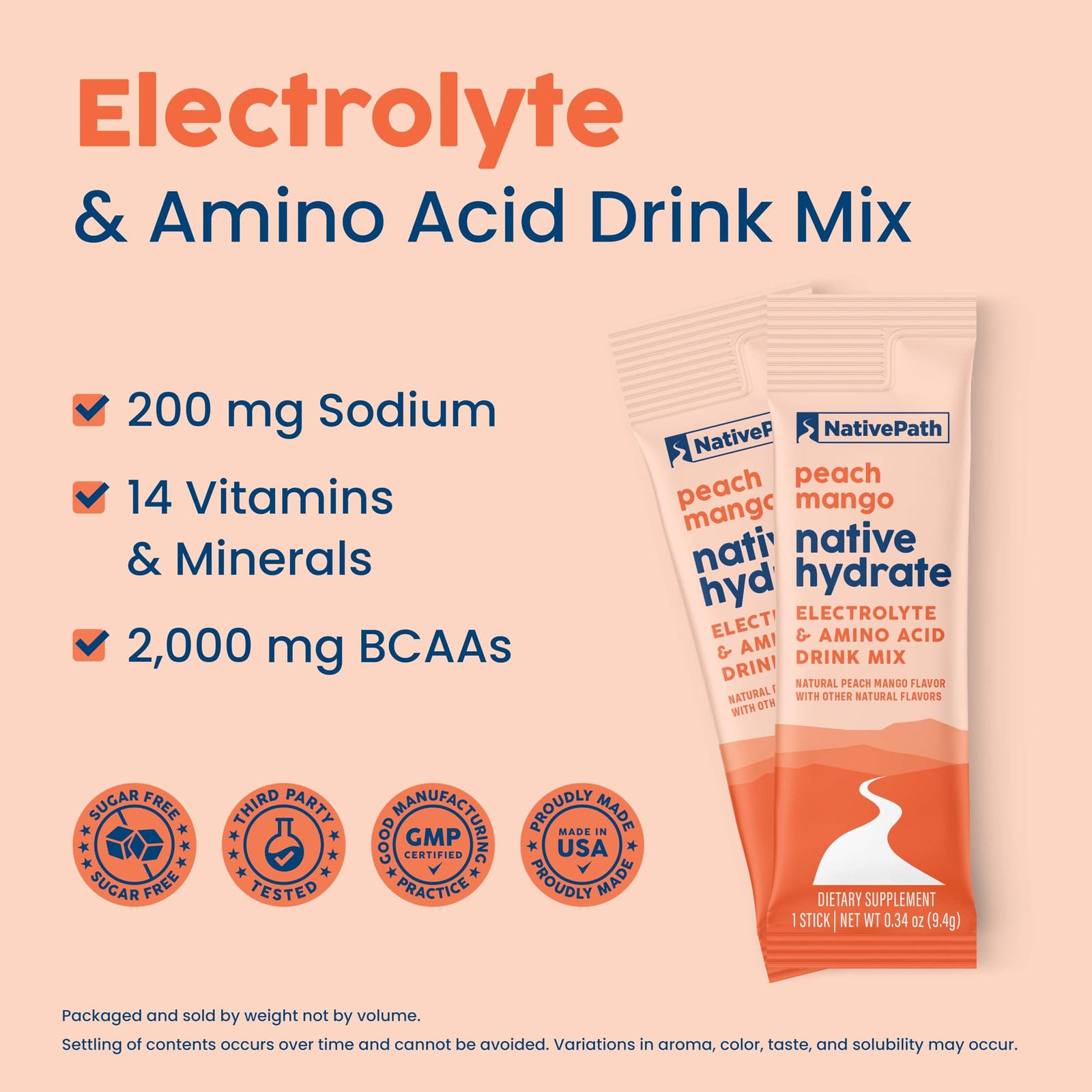 Nativepath Peach Mango Electrolyte Stick Packs – Sugar 30 Servings – 14