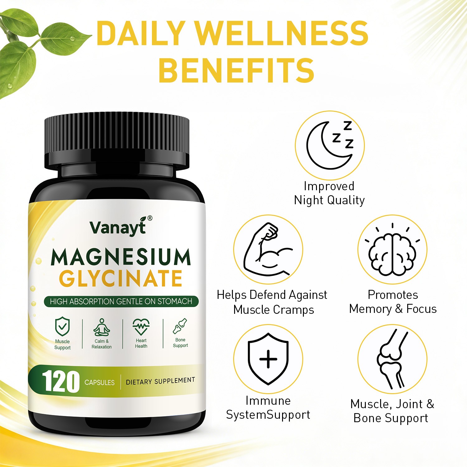 Magnesium Glycinate High Absorption Calm Relax Muscle Bone Wellness Support