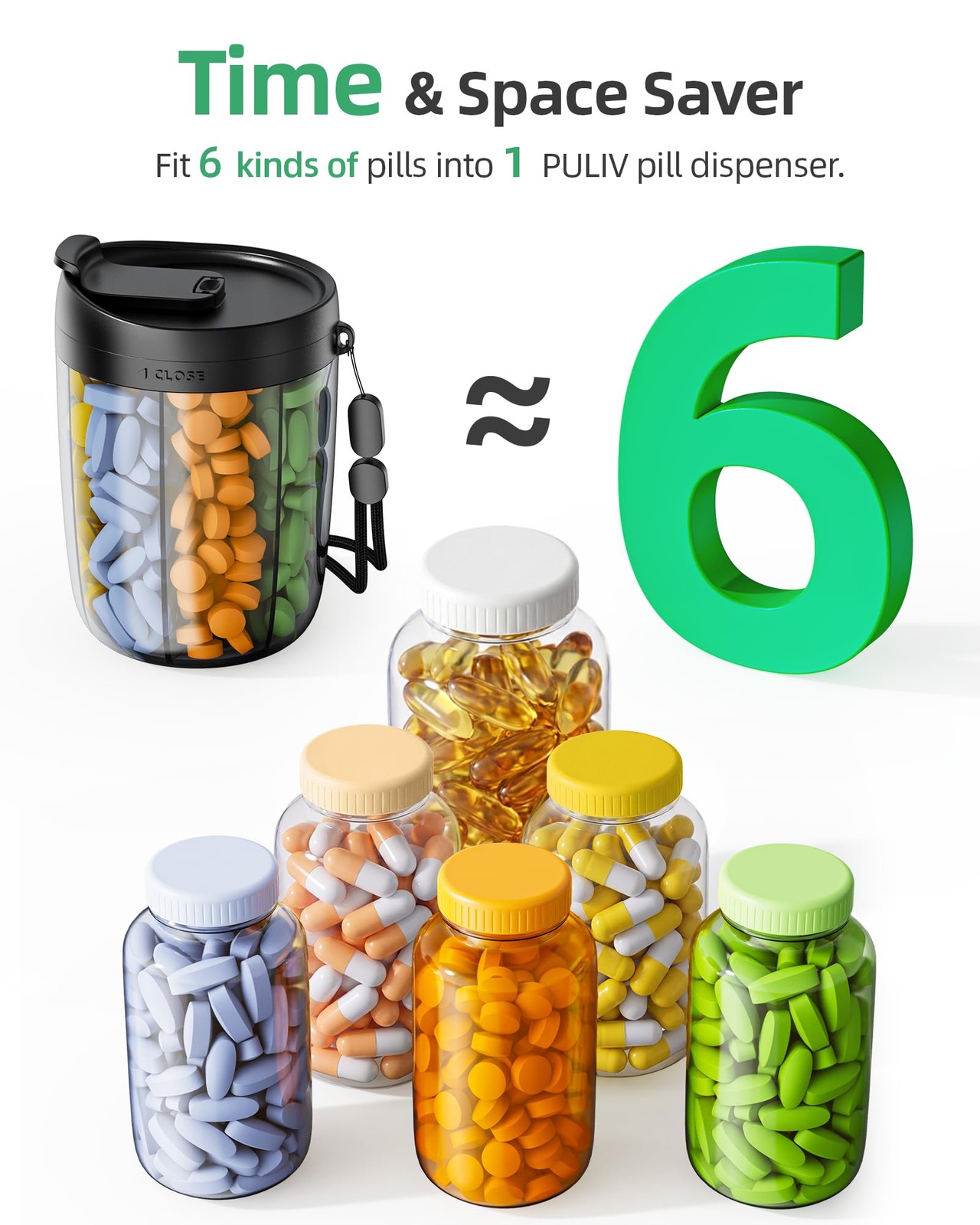 PULIV Large Pill Bottle Organizer for Holding 6 Various Vitamins Black