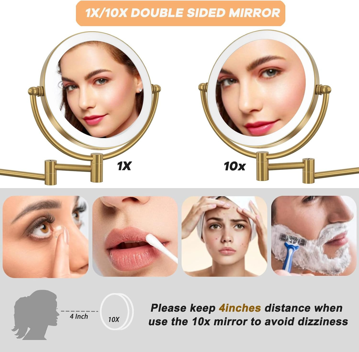 Gold Wall-Mounted Lighted Makeup Mirror 1X/10X with 3 Color LED Rechargeable