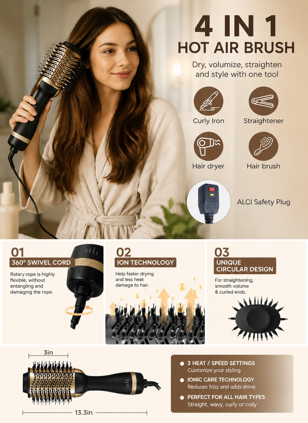 NEW 4 in 1 Hair Dryer Brush and Volumizer Styler Hot Air Ionic Ceramic