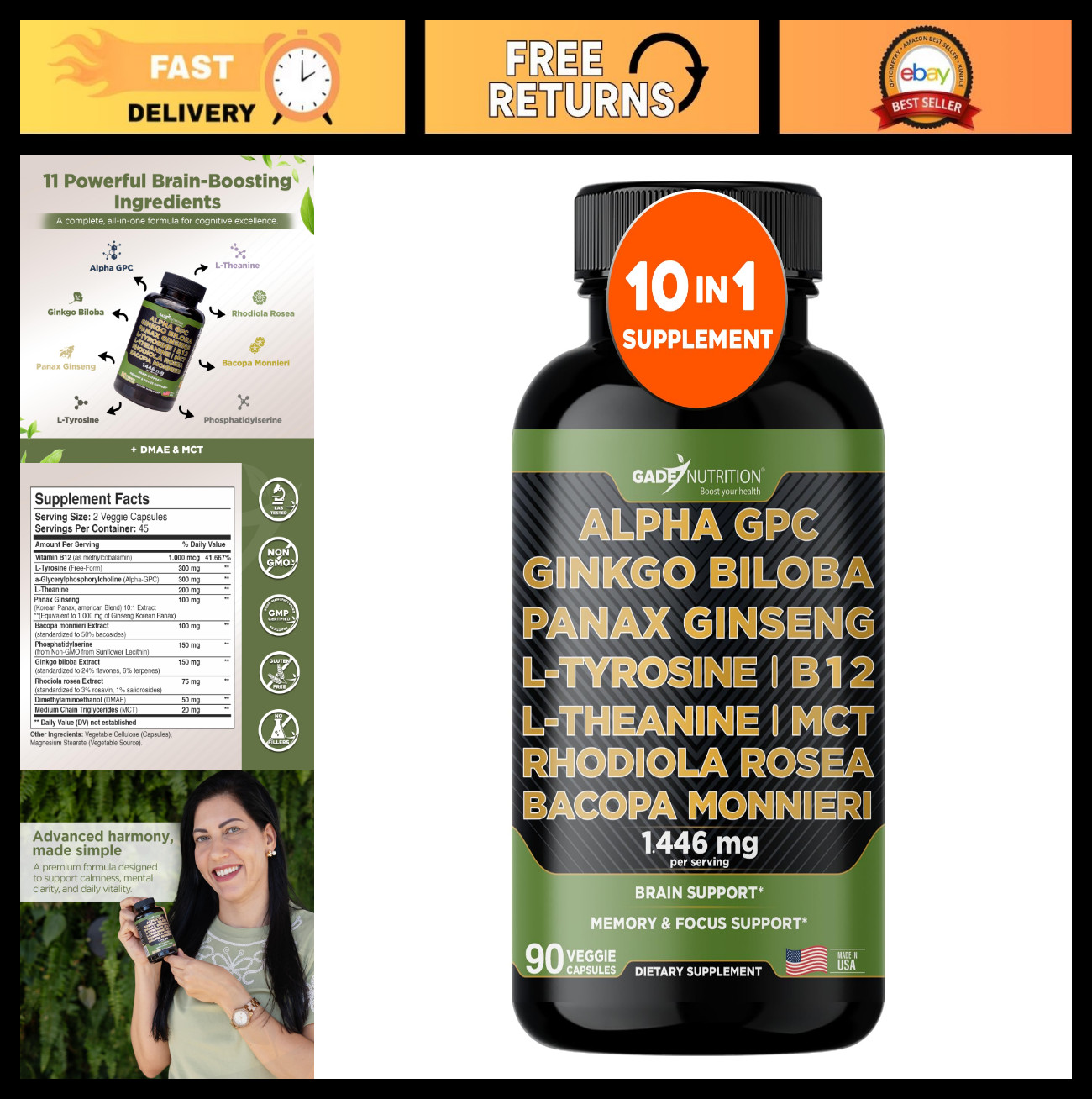 Alpha GPC, Ginkgo Biloba, Panax Ginseng, L-Tyrosine, L-Theanine, Bacopa, Rhodiol