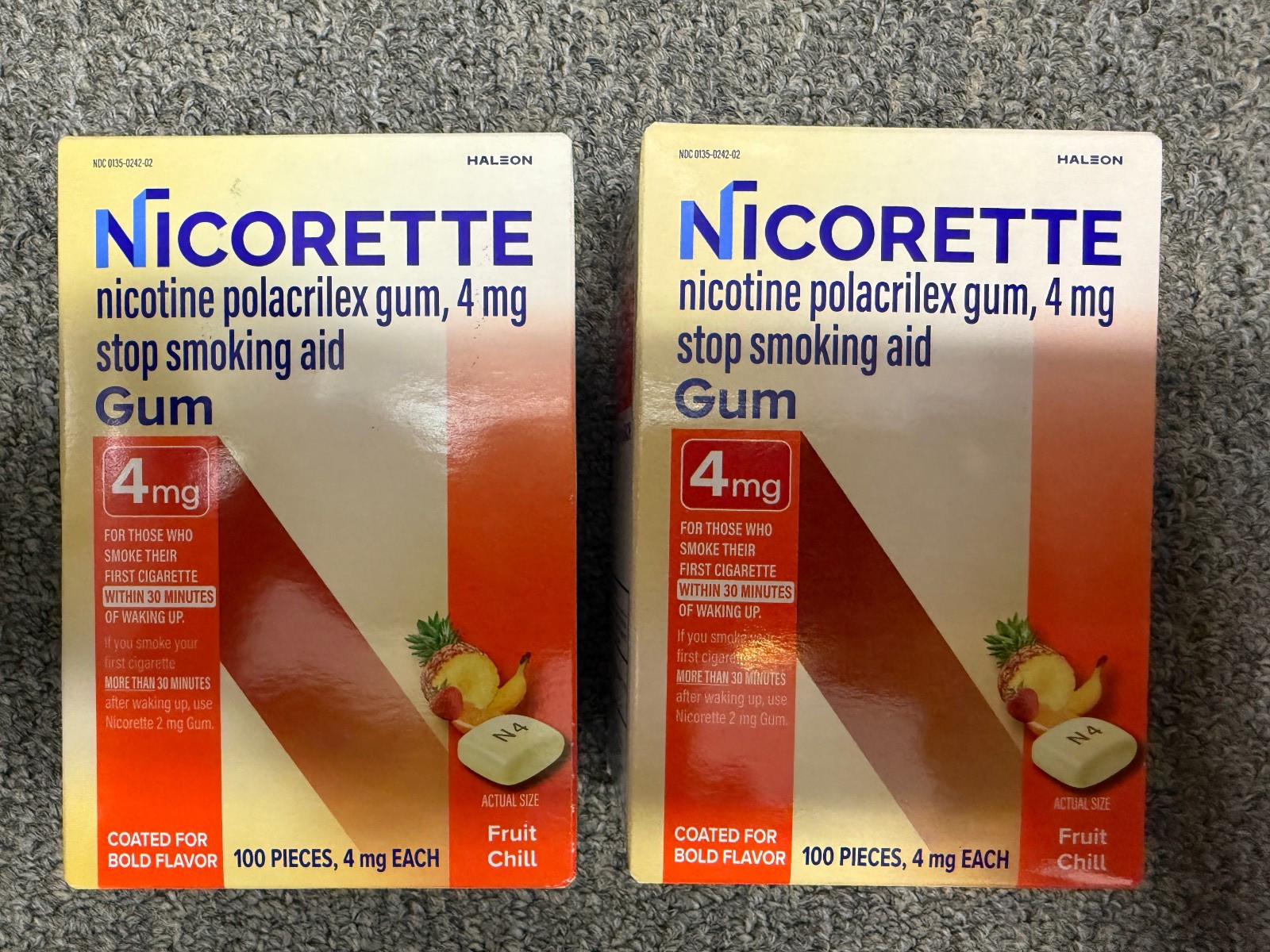 2 Pack Nicorette Gum 4mg Fruit Chill 100×2=200 Pieces Exp 9/27