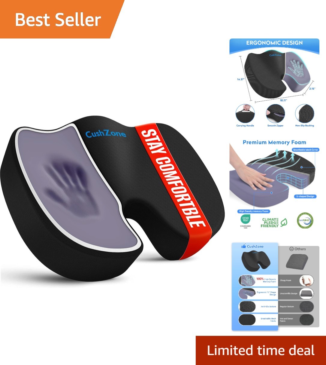 Black Memory Foam Seat Cushion for Sciatica & Back Pain Relief – Large Size