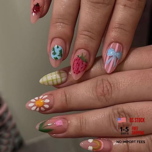 Almond Press on Nails Acrylic Fake Nails with Cute Strawberry, Flower & Long 17