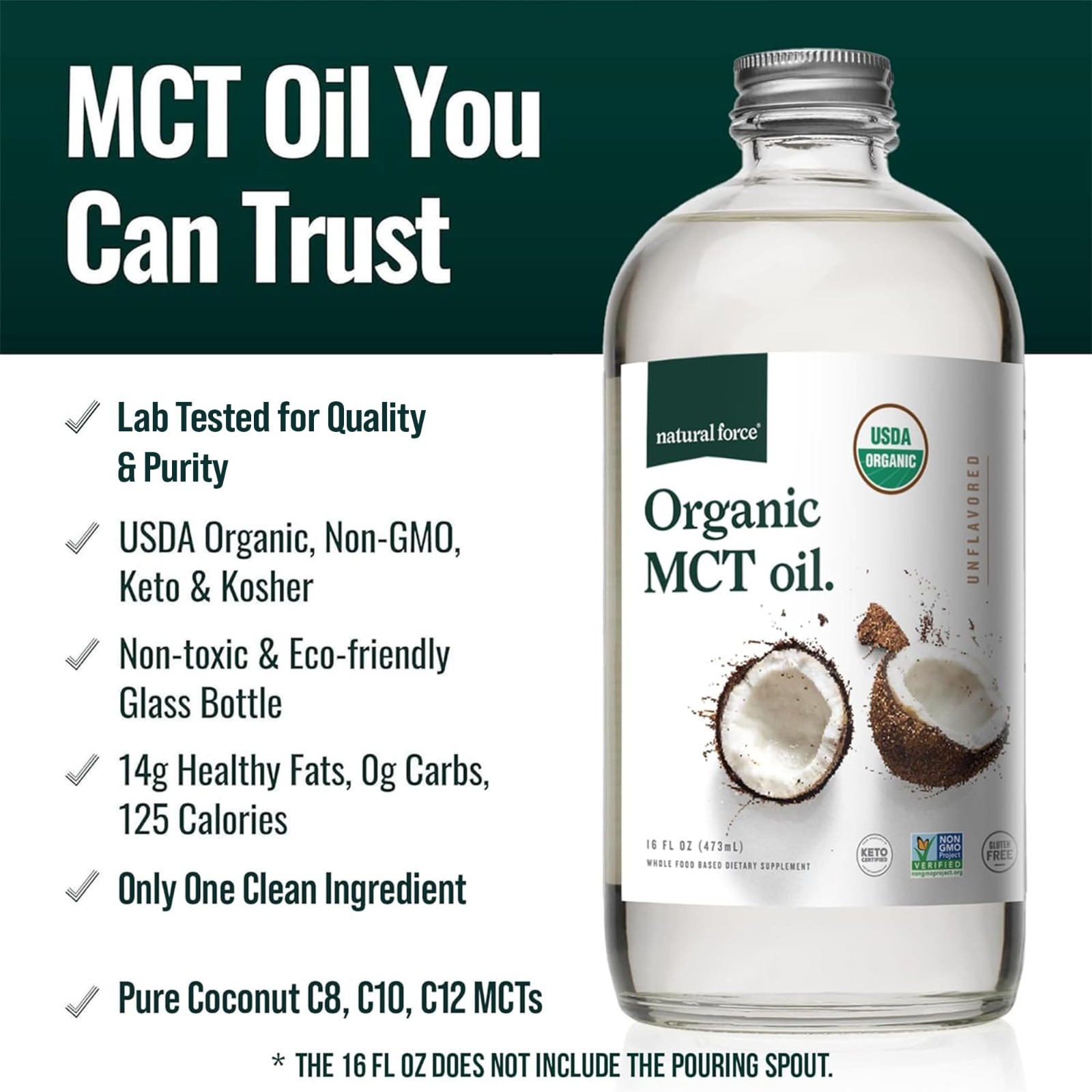 Organic MCT Oil 16oz – Pure Coconut Oil, Keto, Paleo, Vegan, Non-GMO, Lab Tested