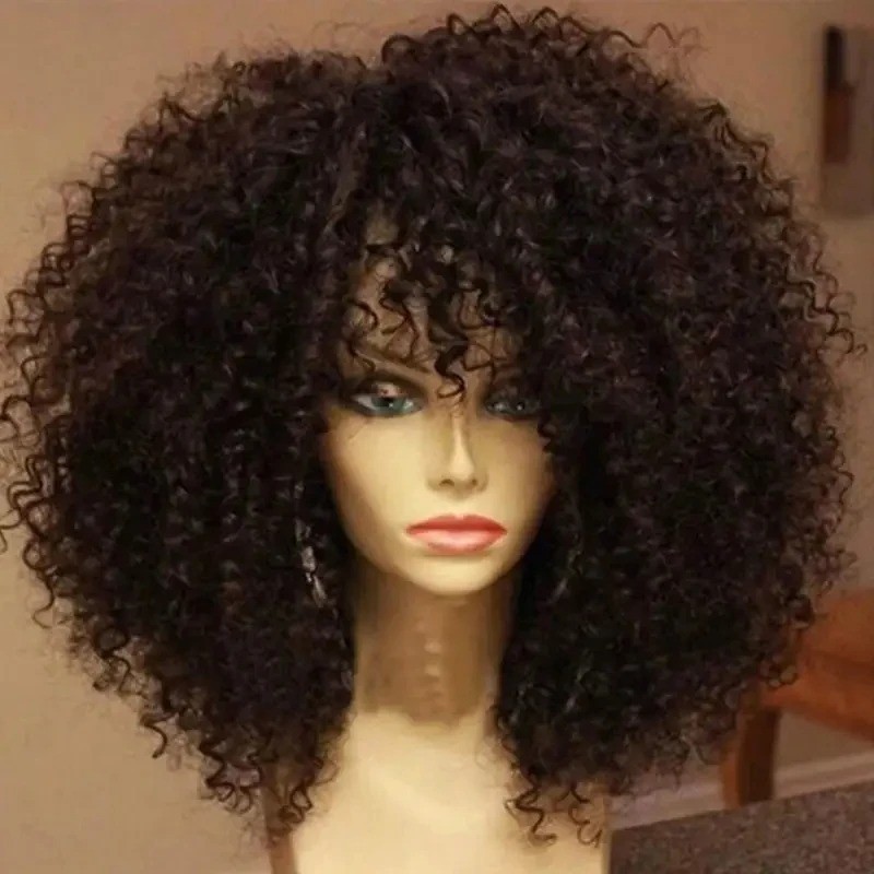 16 Inch Afro Kinky Curly Hair Wigs With Bangs Soft Fluffy Synthetic Fiber None
