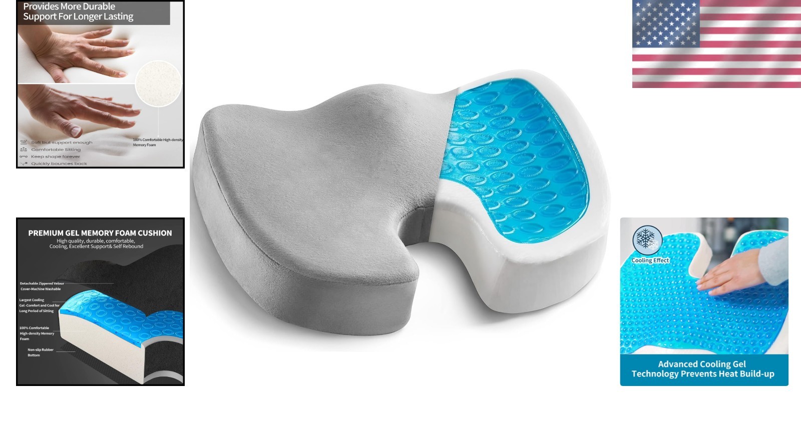Orthopedic Memory Foam Gel Chair Cushion for Back Pain Relief – Grey 17.8×13.8