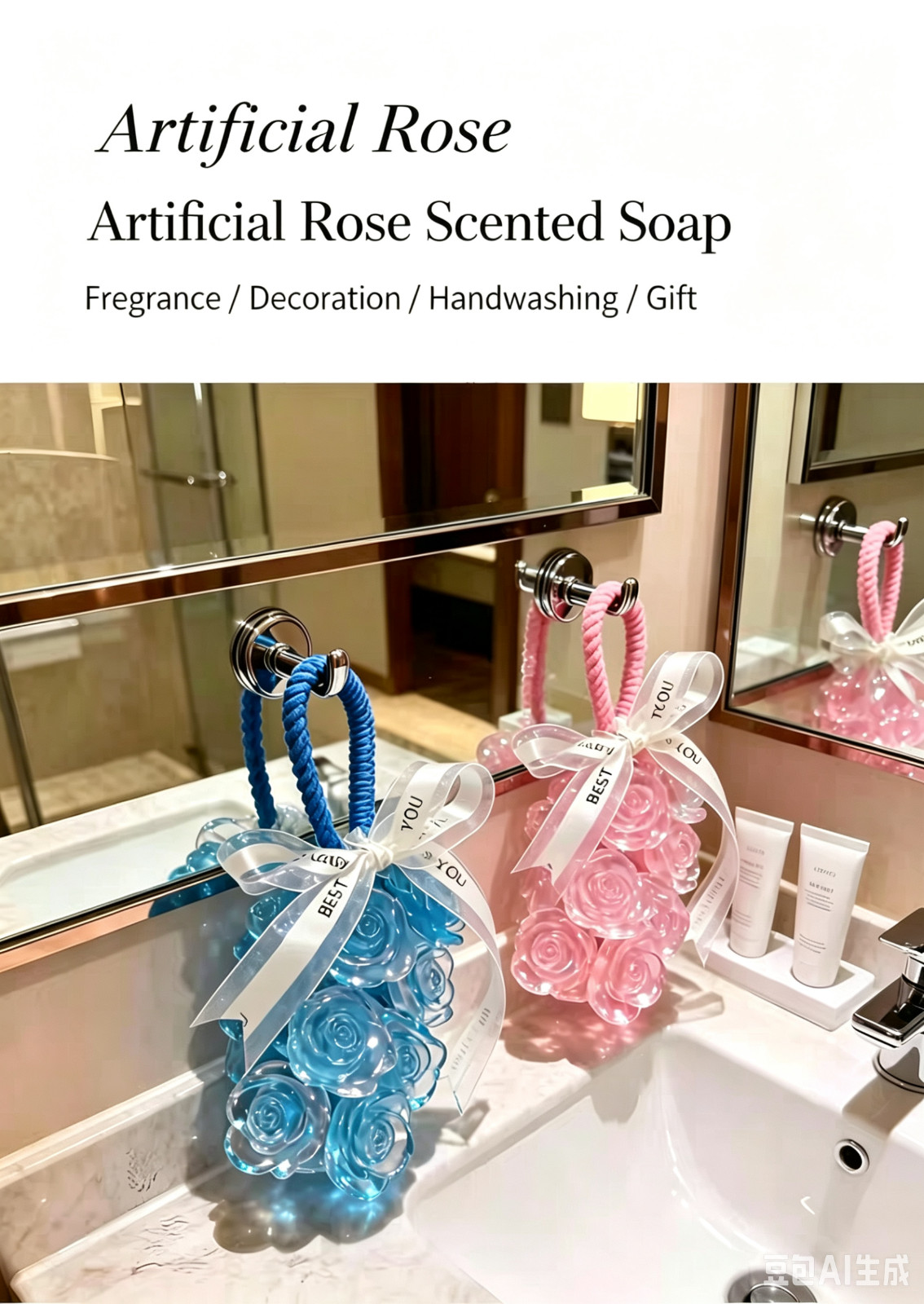 Hanging Crystal Rose Scented Soap Bar Gift Ornament, 220g Floral Fragrance Hand