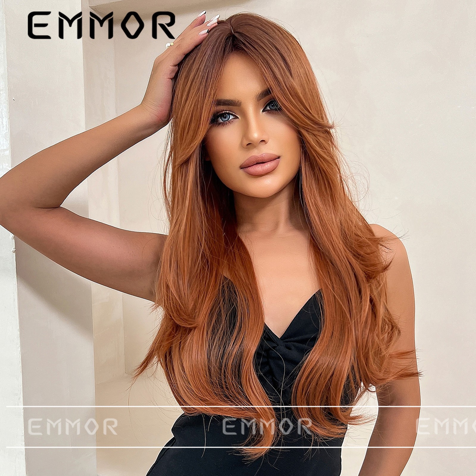 Gradient Orange Long Straight Wig with Side Part Curly Ends Full Head Synthetic
