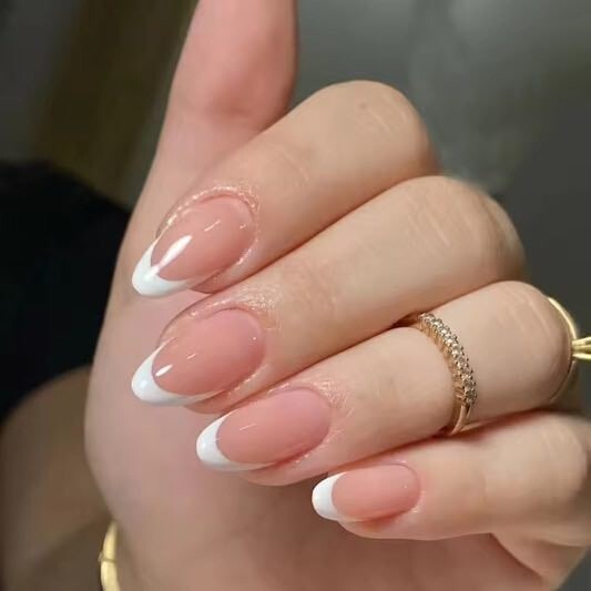 Press On Nails New Year, French Tip Almond Short Soft Gel and Super Hold Glue