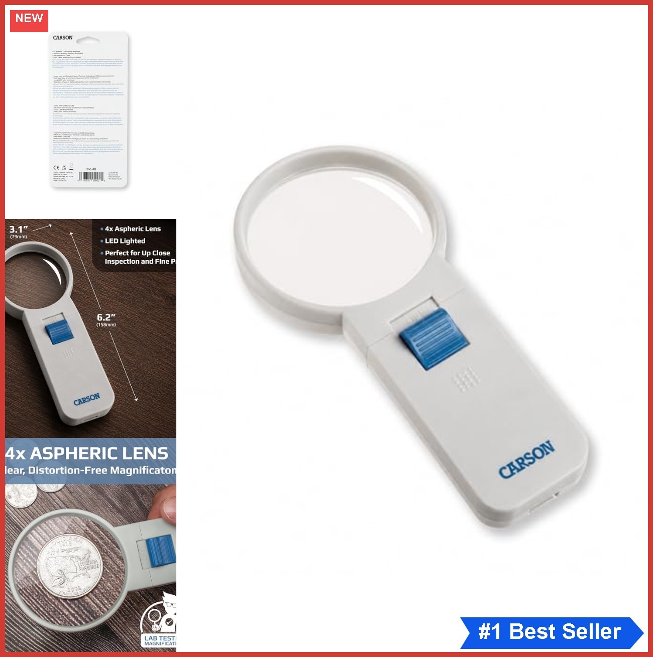 Illuminated Hand Held 4x Magnifier 3.0 Inch Aspheric Lens LED Light Reading