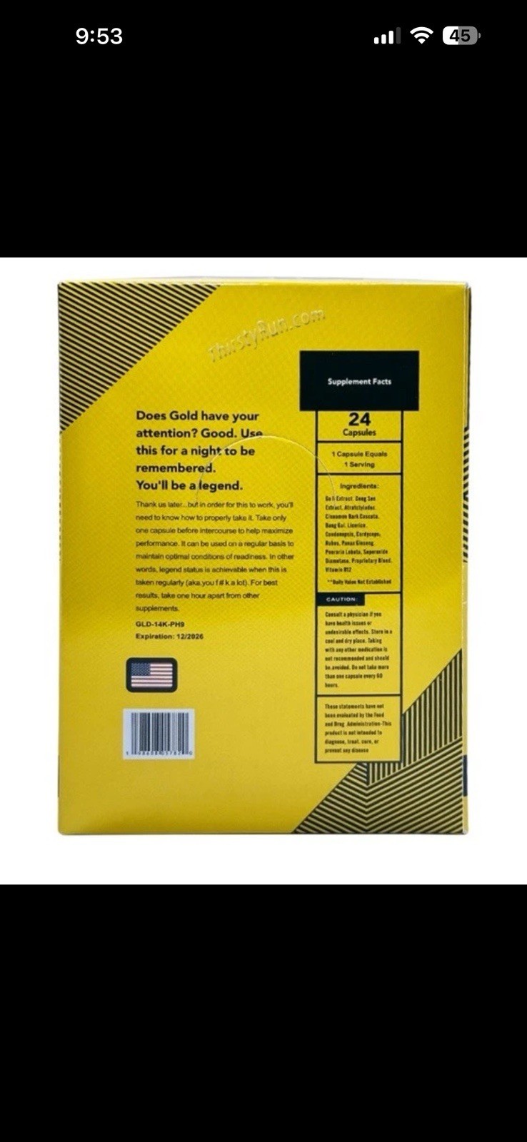 Gold 14K Men’s Herbal Energy Capsule Ginseng Maca Vitamin B12