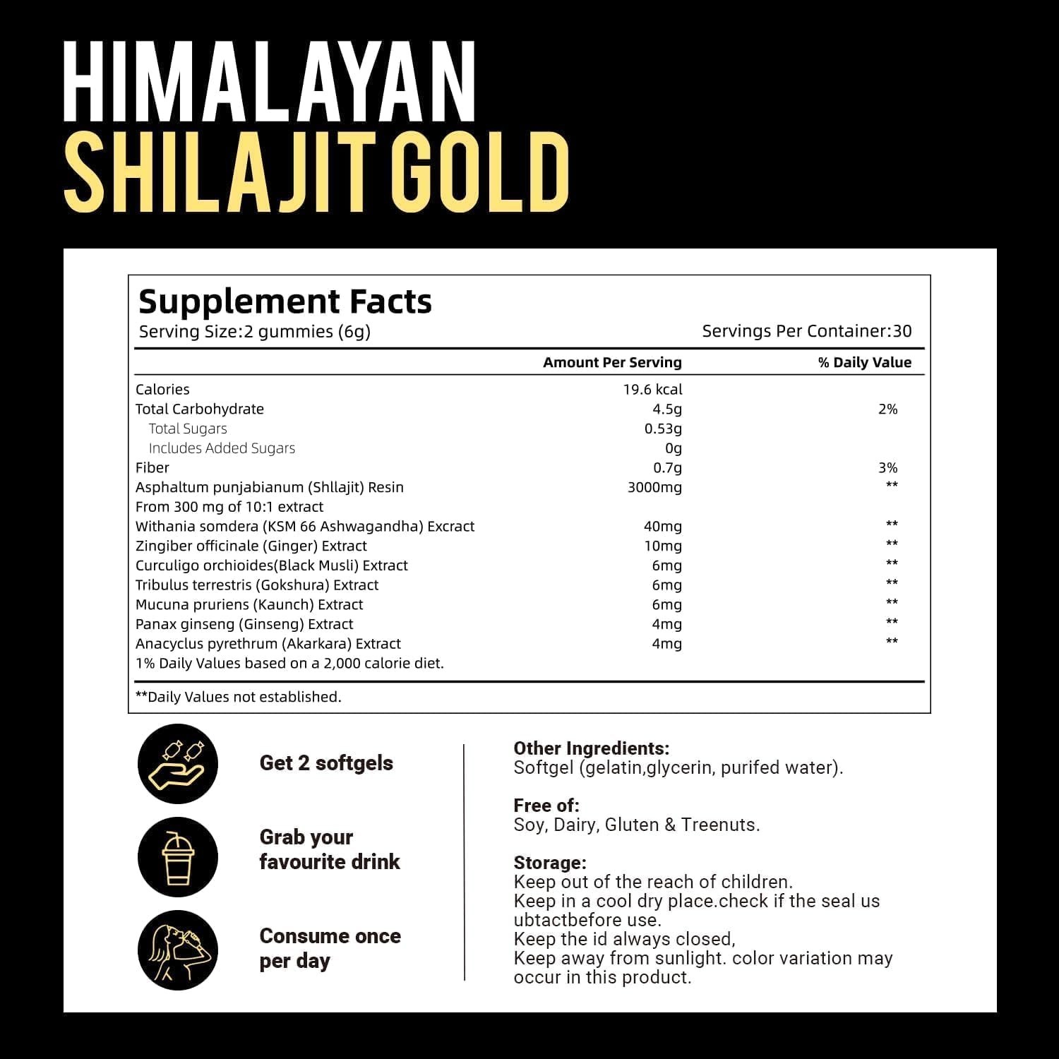 Himalayan Shilajit Gummies 3000mg, Ashwagandha, Fulvic Acid, 60 Count