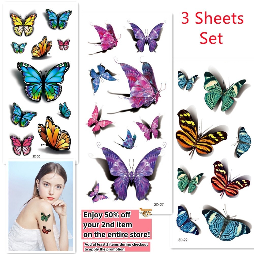3 Sheets /Set Temporary Tattoo Stickers Waterproof Butterfly Flower Arm Body Art