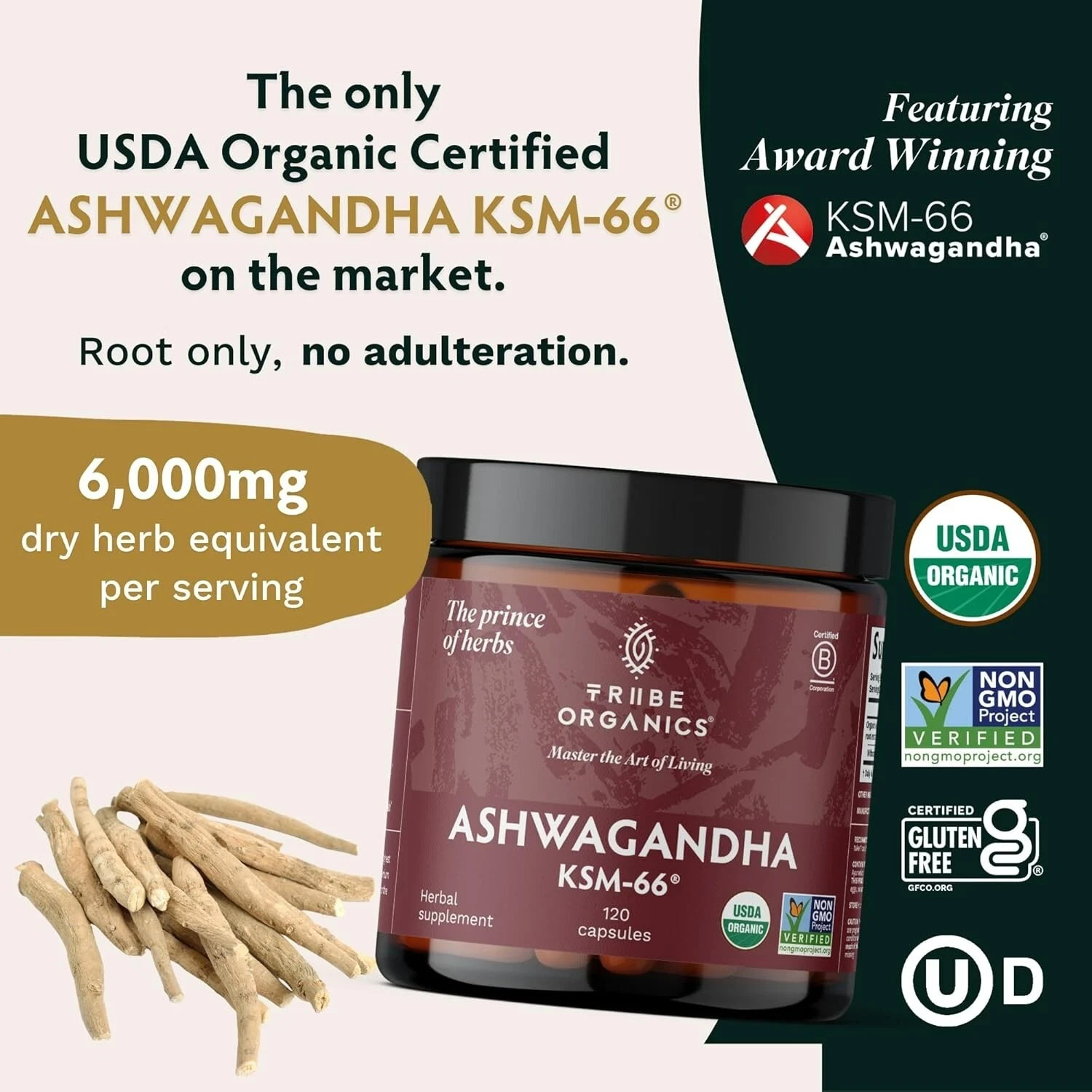 TRIBE ORGANICS Ashwagandha KSM 66 Pure Organic Root Powder Extract – 120 Capsule