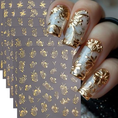 6Pcs Gold Flower Nail Stickers 3D Nail Art Stickers Spring Nail Decals Style7
