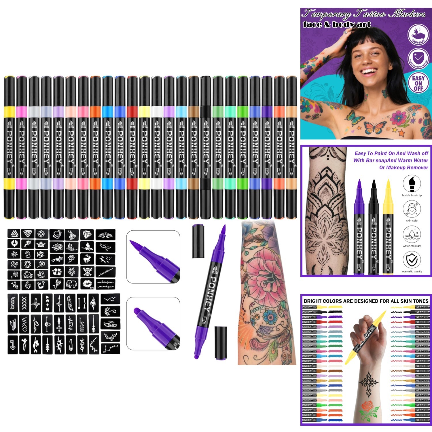 Temporary Tattoo Markers 24 Colors Dual Tip Body Art Pens 67 Stencils Skin Safe