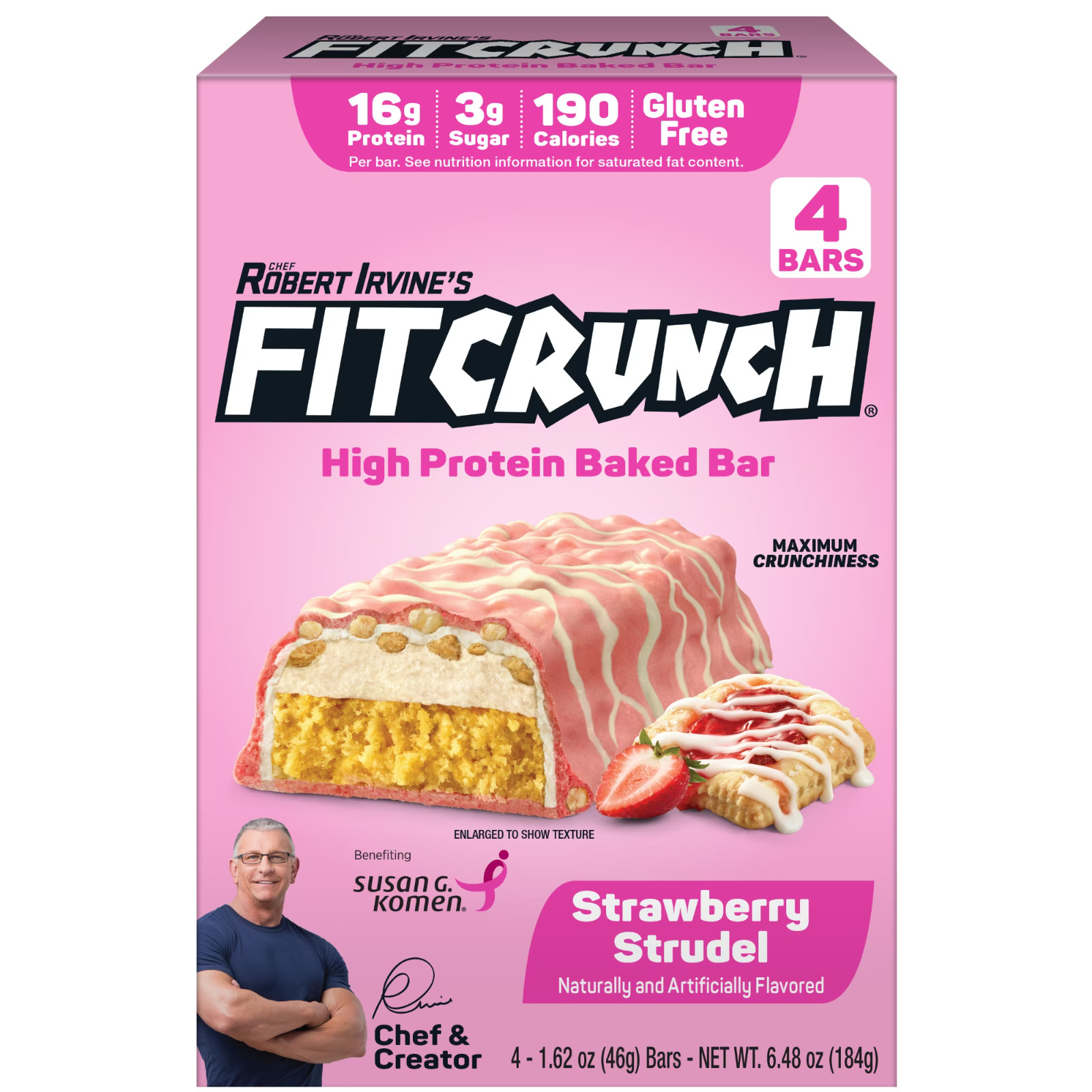 FITCRUNCH High Protein Baked Bar, Strawberry Strudel, 16g Protein, 1.62 oz, 4 Co