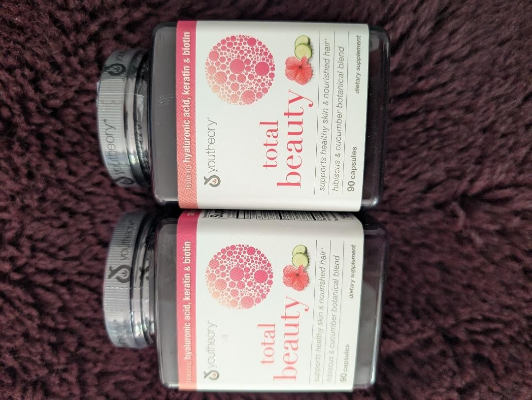 2 Youtheory Total Beauty Hyaluronic Acid Keratin & Biotin Capsules 90 Ct 08/25