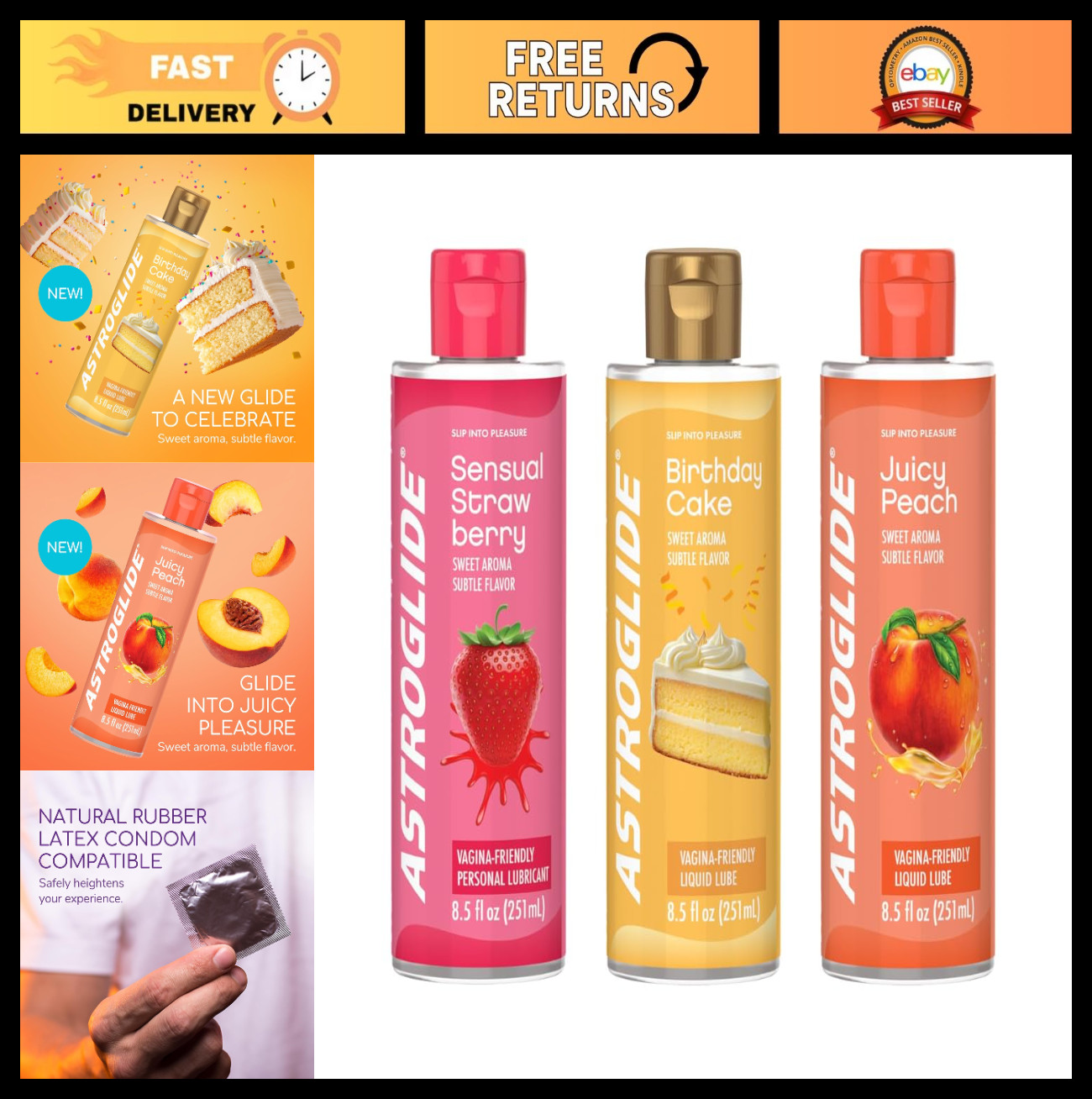 Flavored Personal Lubricant Bundle 8.5oz – Strawberry, Birthday Cake, Peach Wate