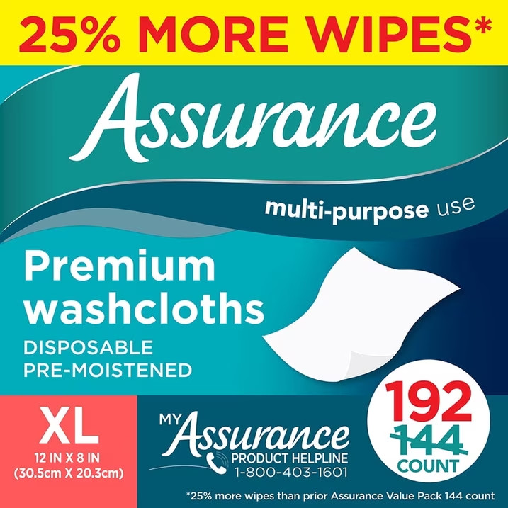 Assurance Disposable and Pre-Moistened Premium XL Washcloths for Adults, 192 ct