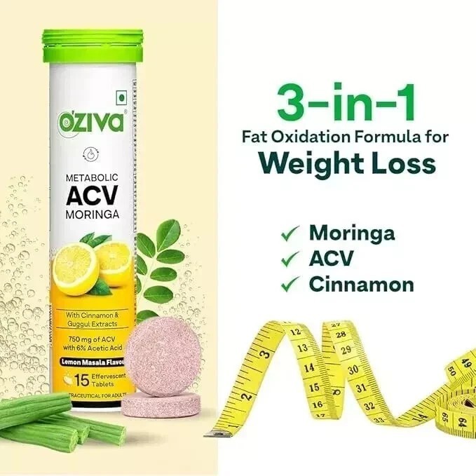 OZiva ACV Moringa Apple Cider Vinegar Tablets Lemon Masala 15tab (Pack of 4)